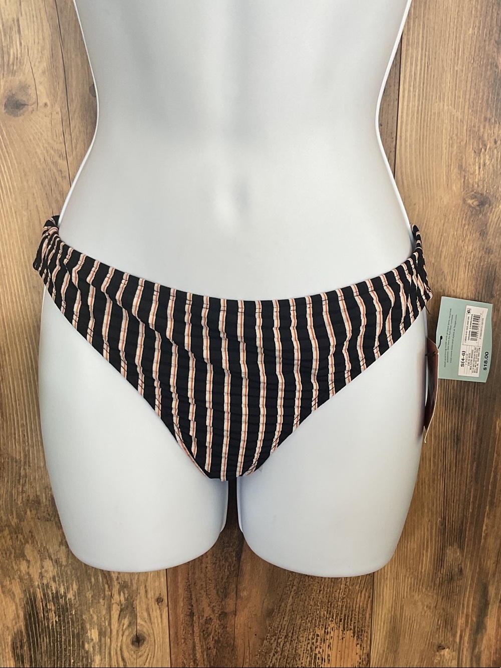 Shade & Shore Black, White, & Peach Stripe Low Rise Cheeky Bikini Bottom S 925B